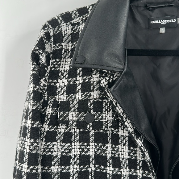 Karl Lagerfeld Paris Faux Leather‎ Collar Tweed Jacket Black White XL - Picture 4 of 6